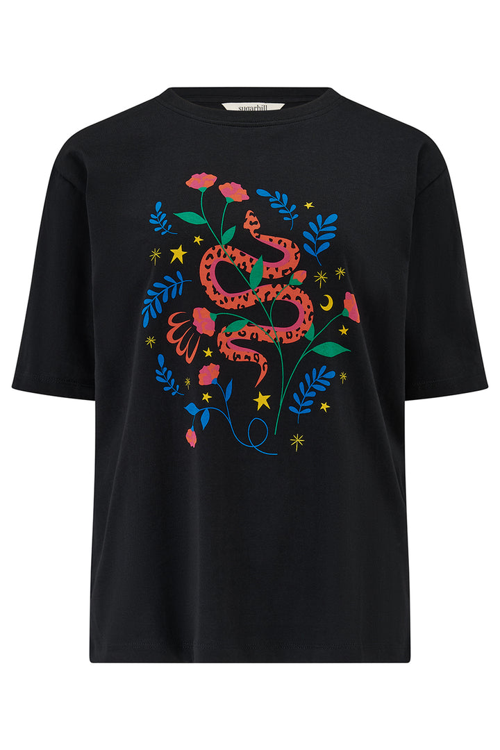 Black t-shirt with colorful snake and floral design on a white background