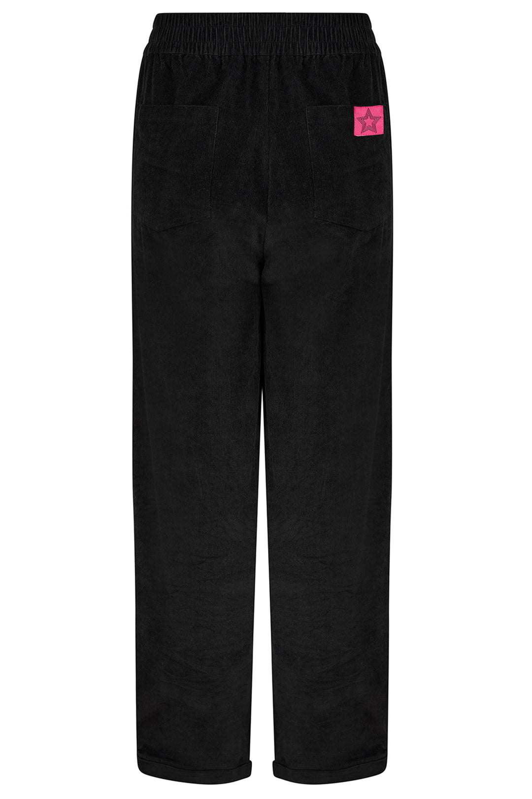 Black pants with a pink logo on a white background