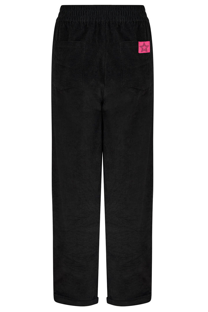 Black pants with a pink logo on a white background