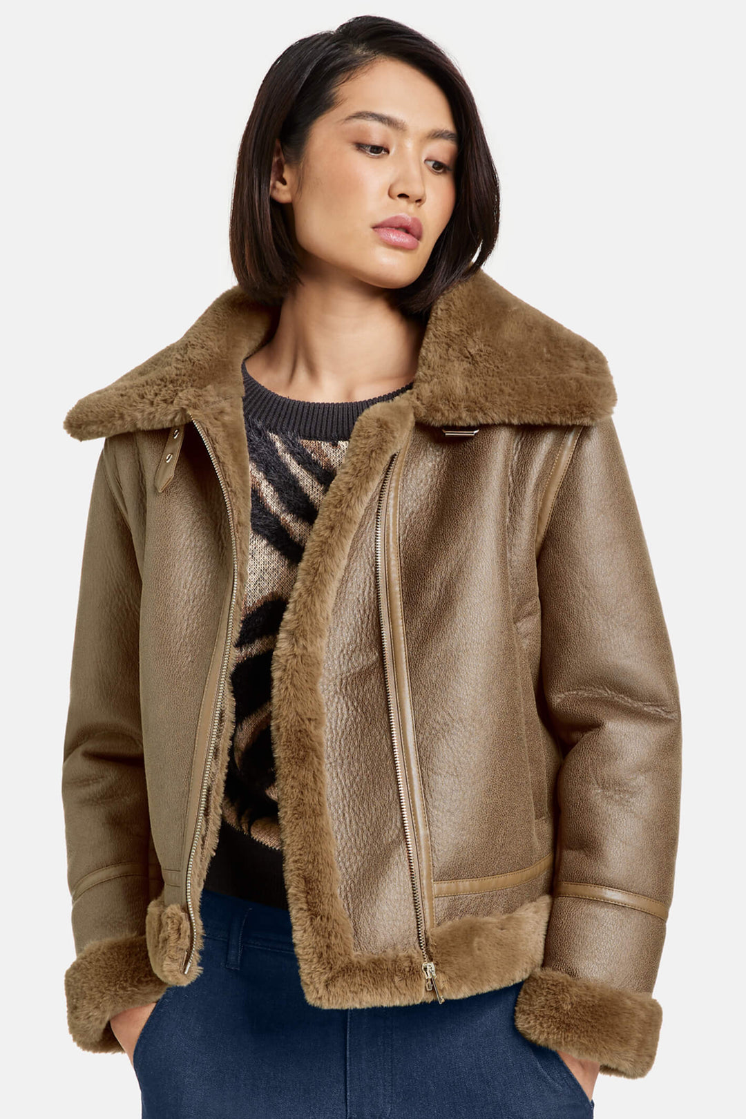 Taifun 450407 Camel Brown Faux Leather Shearling Coat - Experience Boutique