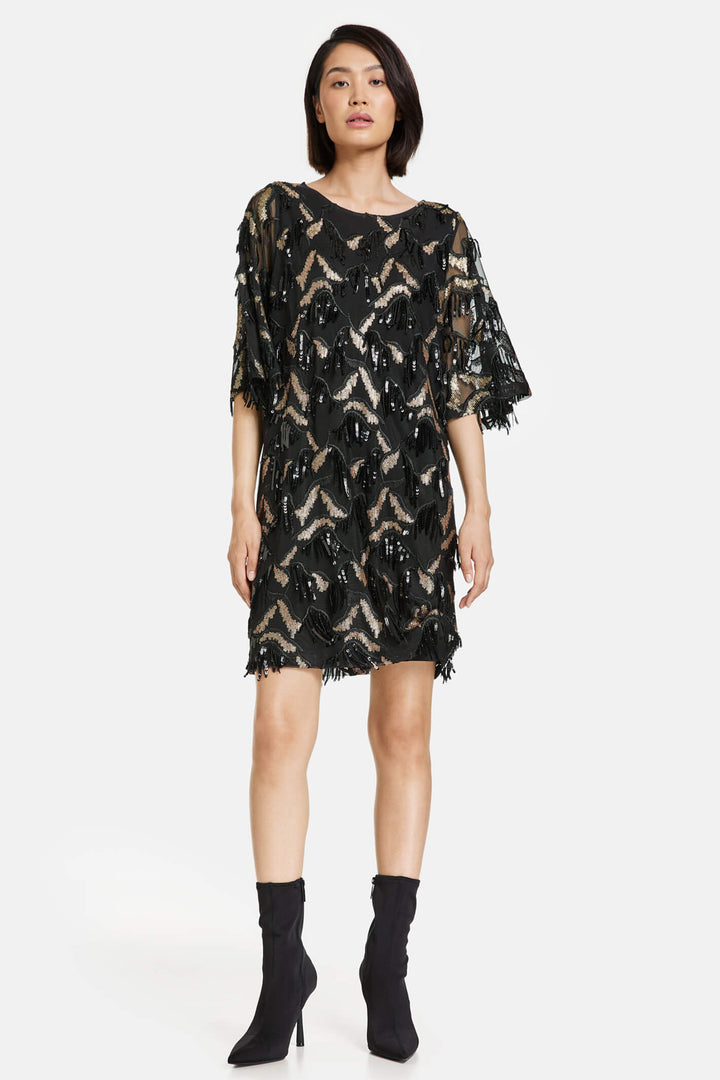 Taifun 481410 Black Sequin Tassle Dress with Sleeves - Experience Boutique