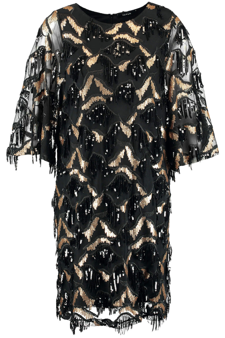 Taifun 481410 Black Sequin Tassle Dress with Sleeves - Experience Boutique