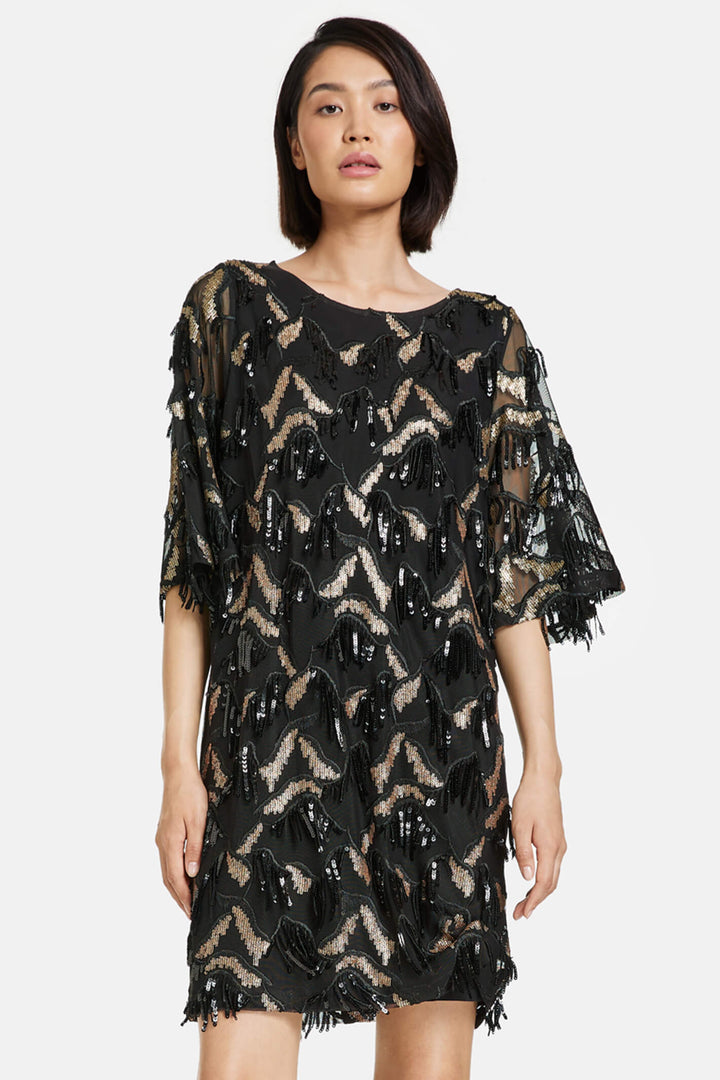 Taifun 481410 Black Sequin Tassle Dress with Sleeves - Experience Boutique