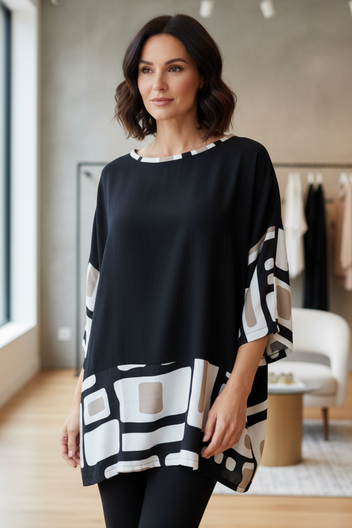 Tara Vao Magali 2057B Black Taupe Print Top