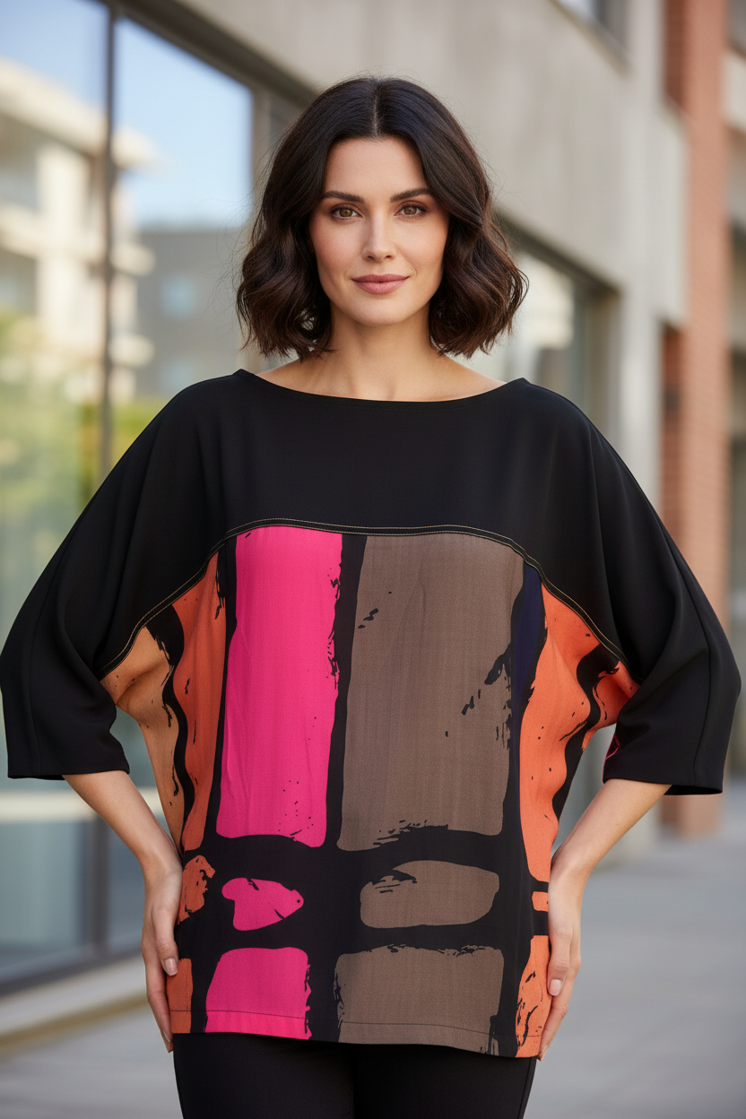 Woman wearing a black, pink, and orange patterned dress with a blurred background