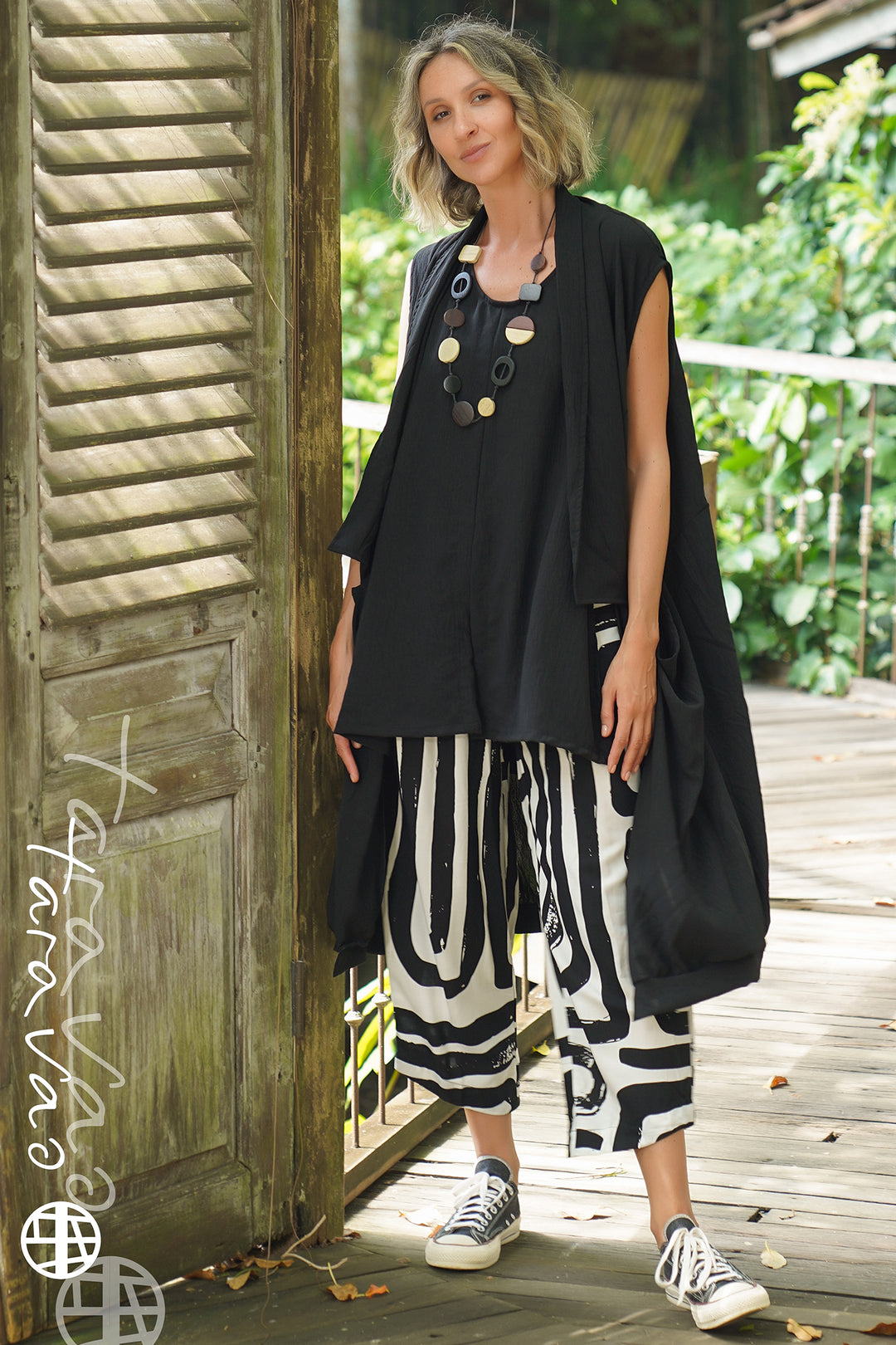 Tara Vao Mia 4527 E2 Black Brush Print Pull-On Trousers