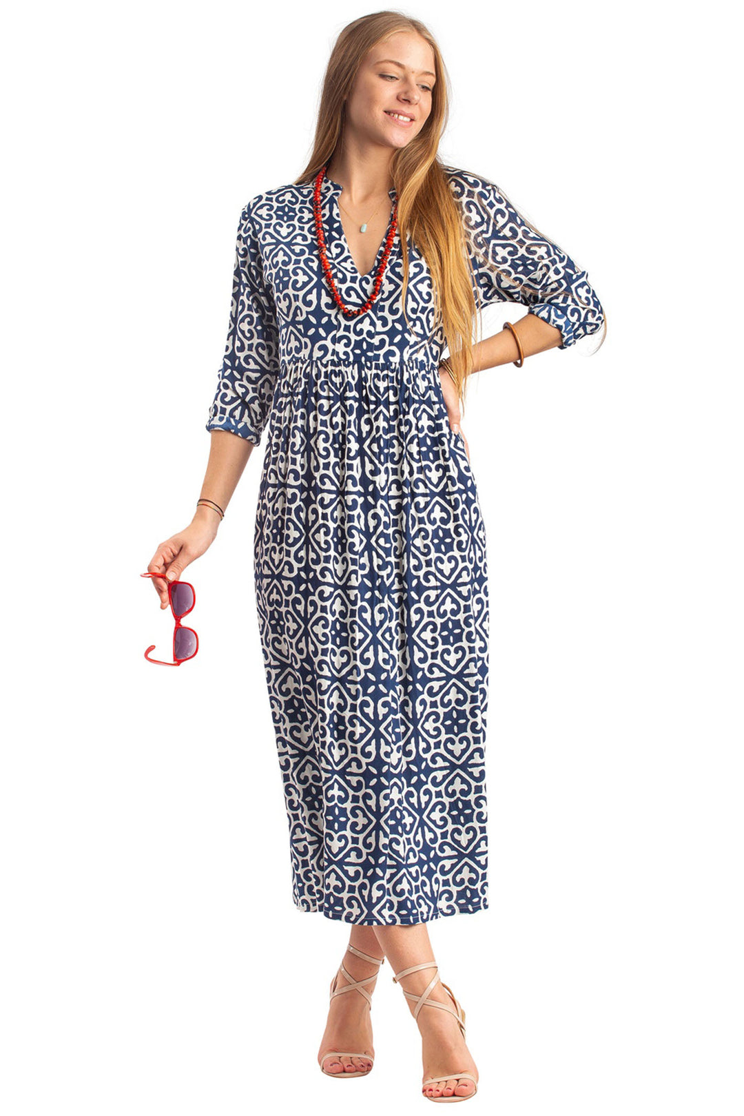 Terre Rouge GS19-02I Navy Printed V-Neck Maxi Dress - Experience Boutique