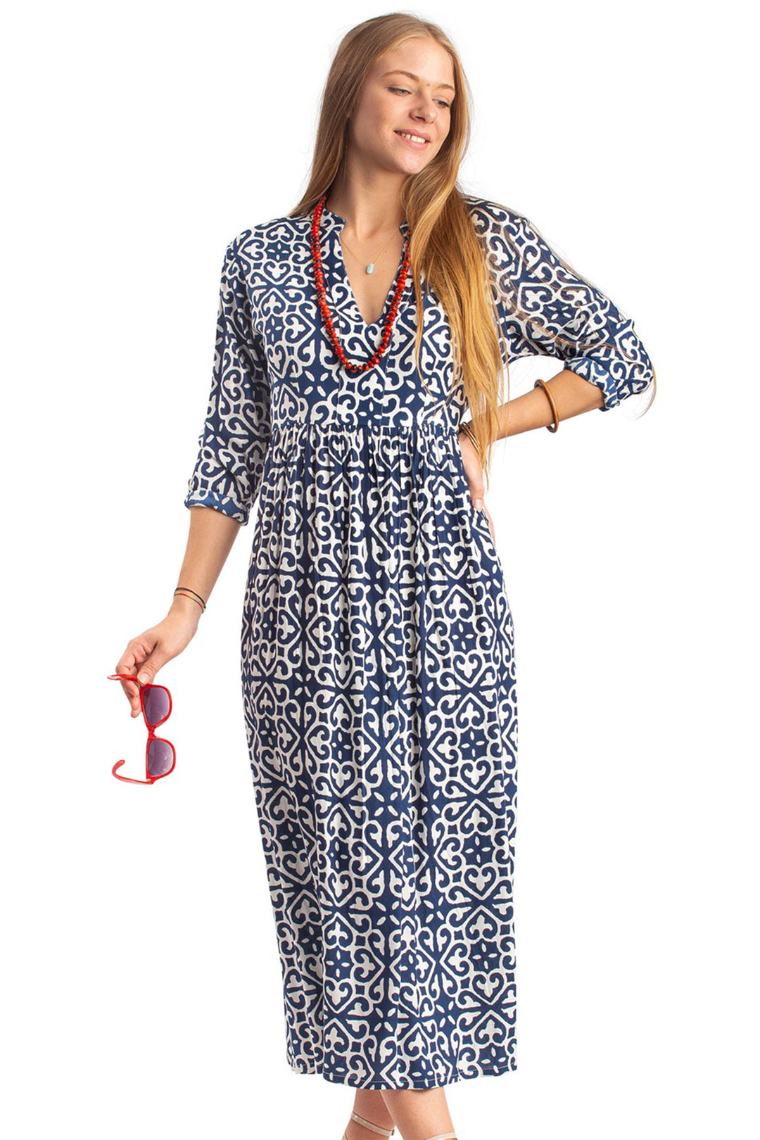 Terre Rouge GS19-02I Navy Printed V-Neck Maxi Dress - Experience Boutique