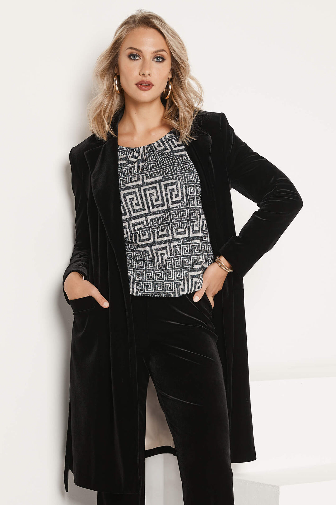 Tia 77614 90 Black Velvet Longline Jacket With Belt - Experience Boutique