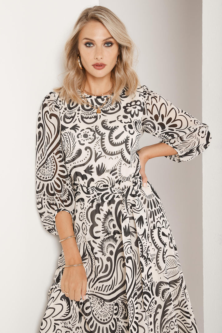 Tia 78680 Monochrome Print Chiffon Midi Dress - Experience Boutique