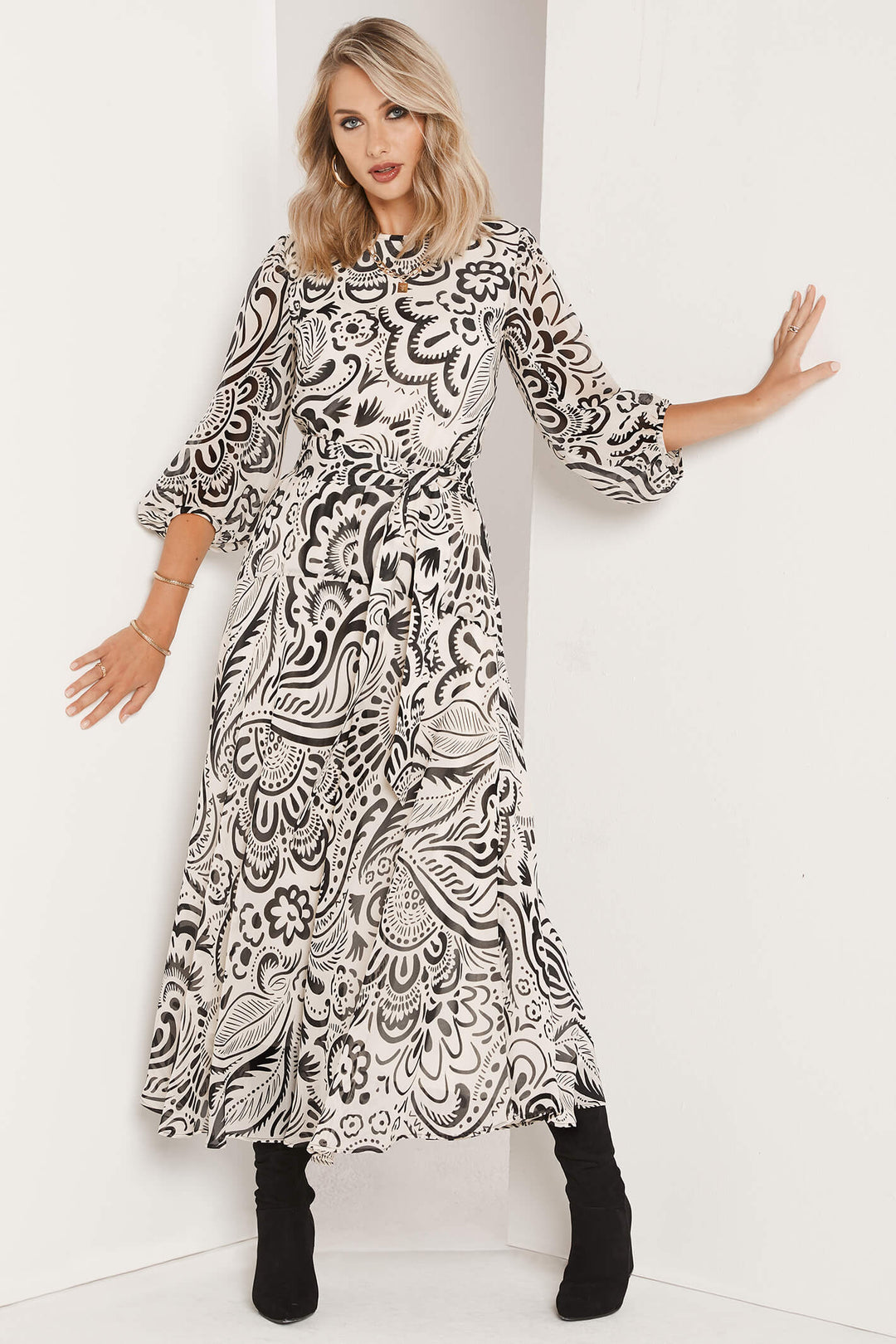 Tia 78680 Monochrome Print Chiffon Midi Dress - Experience Boutique