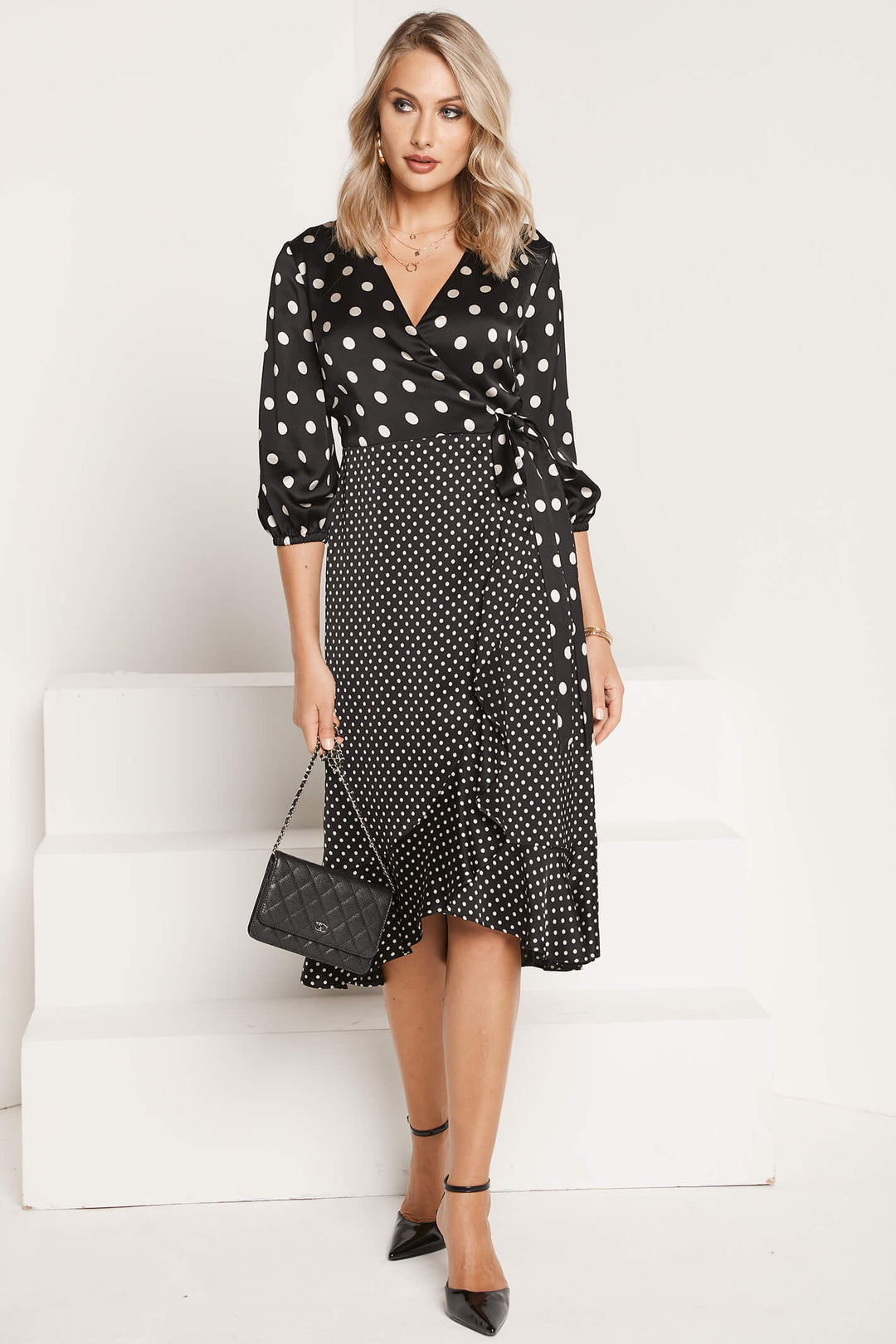 Tia 78726 90 Black Polka Dot Wrap Dress - Experience Boutique