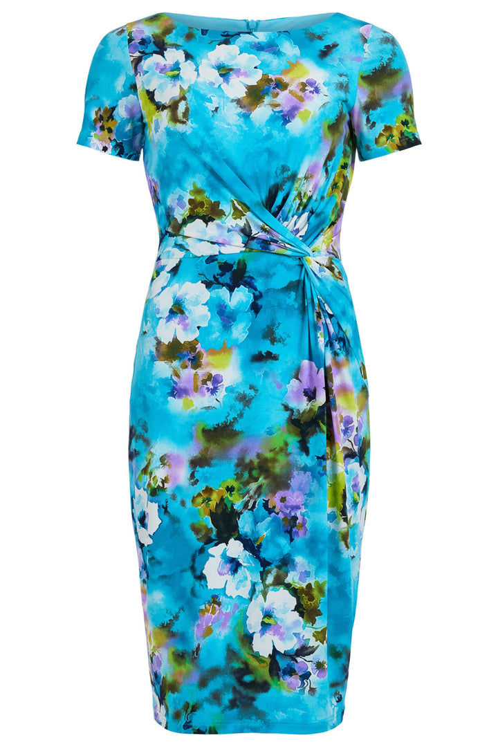 Tia London 78409 70 Turquoise Blue Floral Print Knot Waist Dress - Experience Boutique