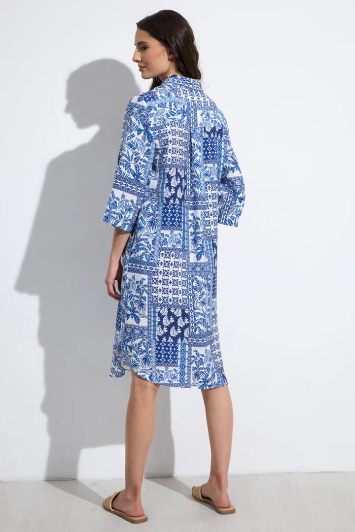 Tinta Azafran Royal Blue Leaf Print Shirt Dress