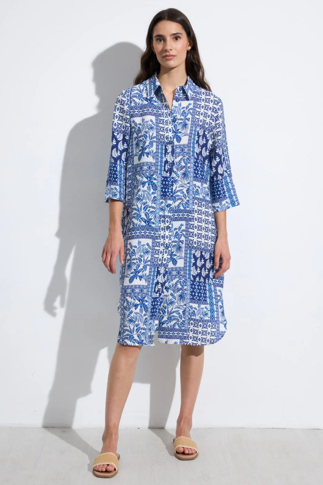 Tinta Azafran Royal Blue Leaf Print Shirt Dress
