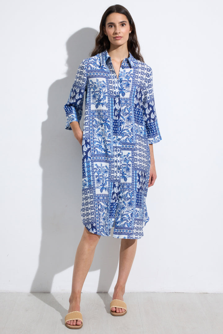 Tinta Azafran Royal Blue Leaf Print Shirt Dress