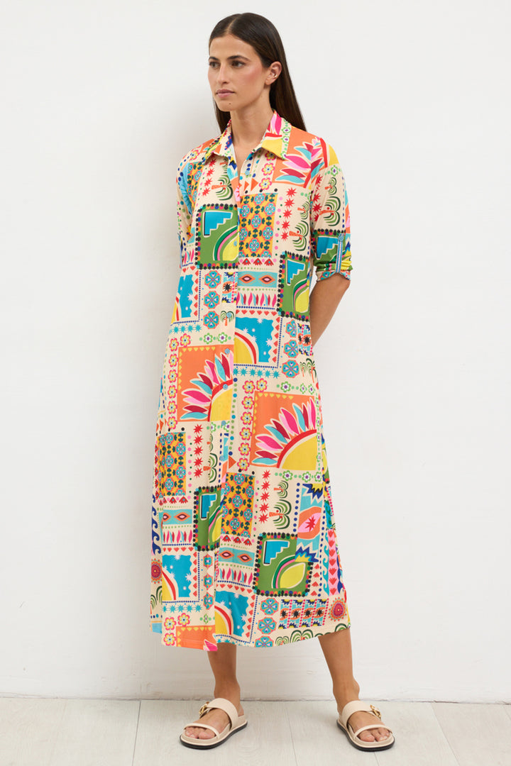 Tinta Begona Turquoise Blue Multicolour Print Shirt Dress