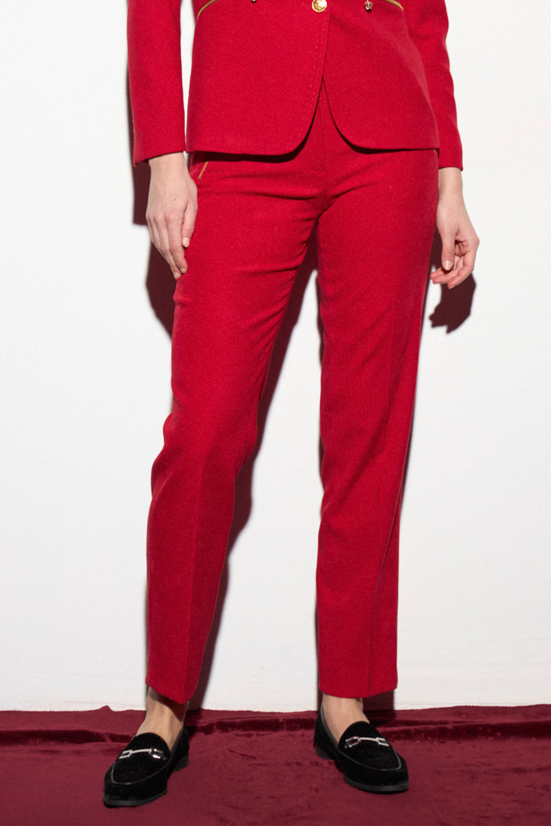 Tinta Kenza Red Straight Leg Trousers, front view on model