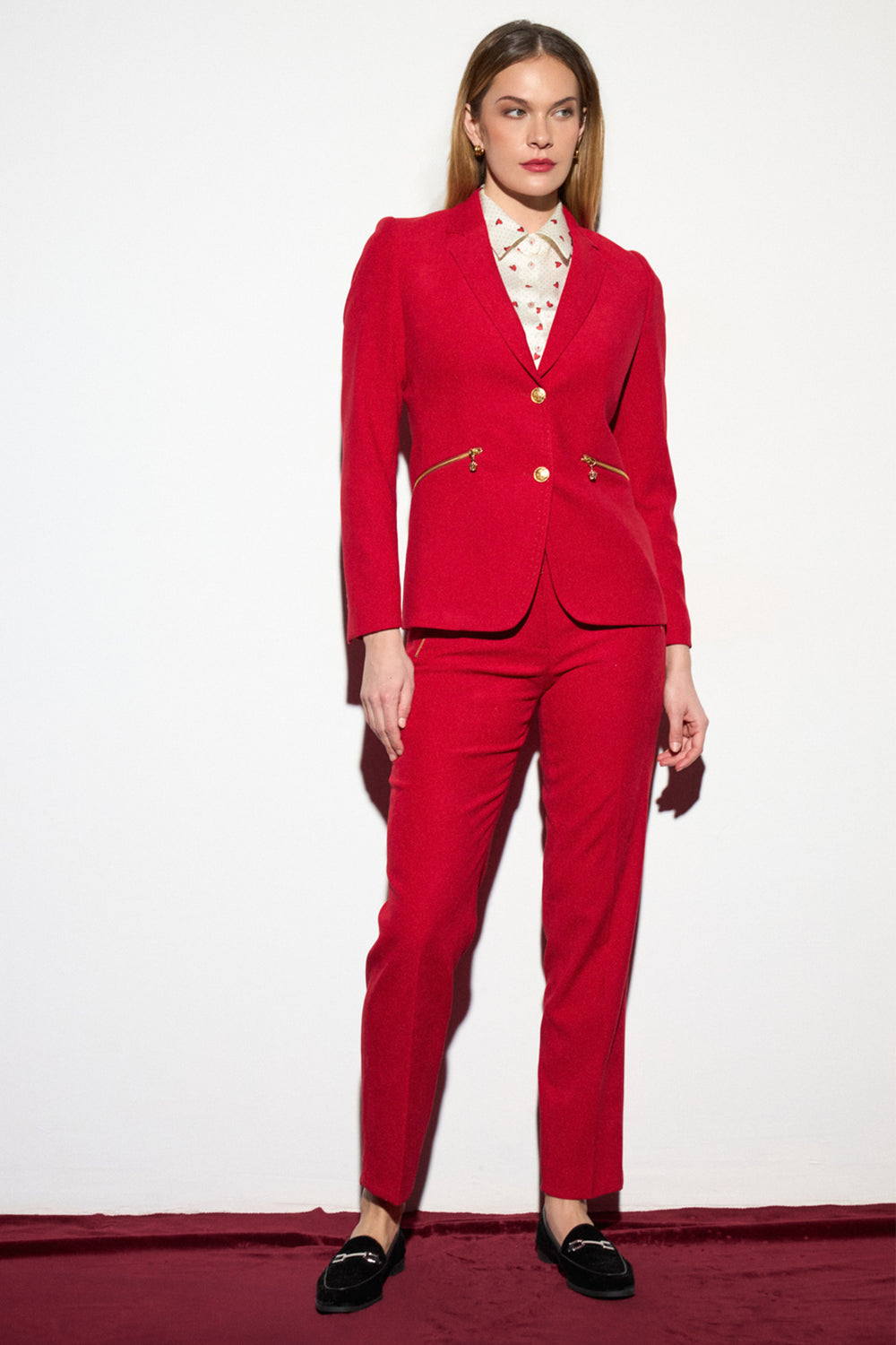Tinta Kenza Red Straight Leg Trousers, full length styled with a matching red blazer