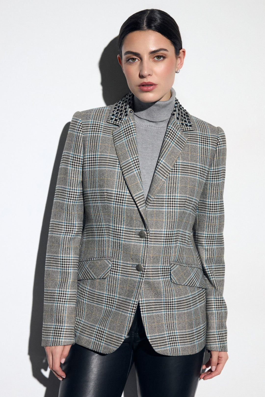 Tinta Kione Grey Check Embellished Collar Blazer, front view on model