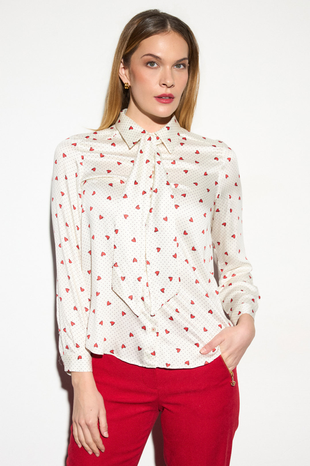 Tinta Melisse Off White Heart Print Pussy Bow Shirt, front view on model