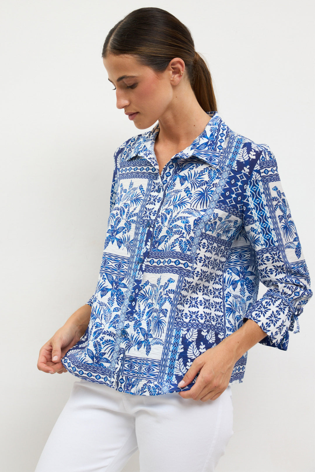 Tinta Selva Royal Blue Leaf Print Shirt