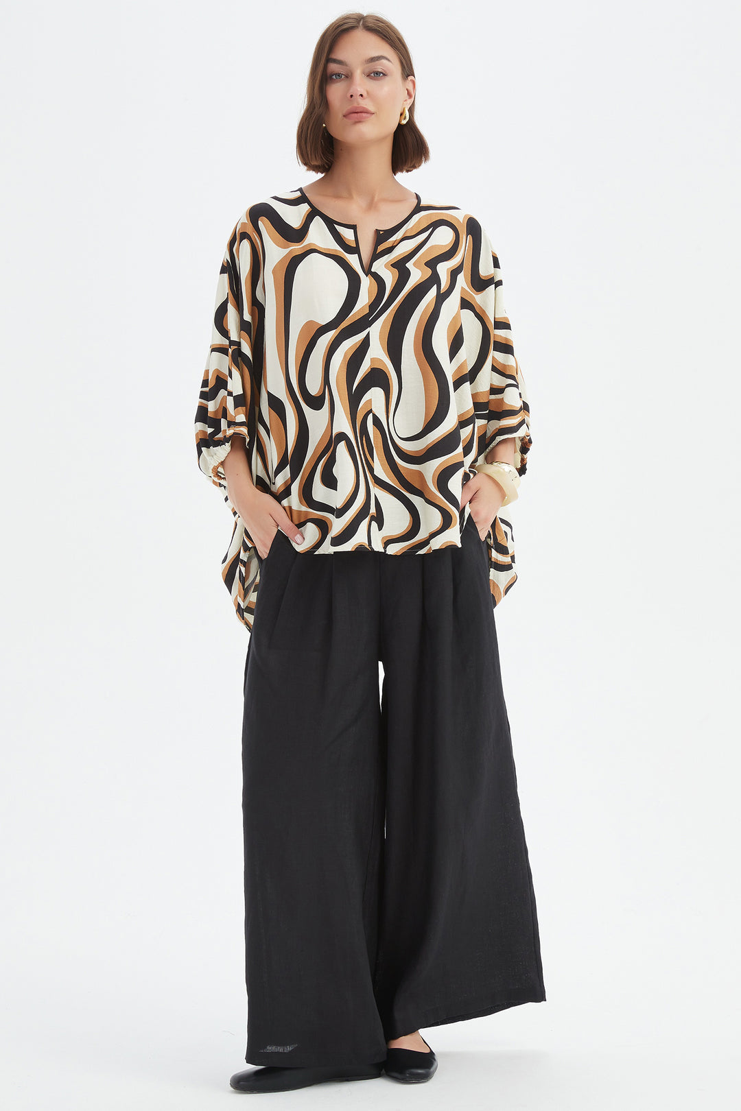 Tirelli 25A3729 Caramel Swirl Notch Neck Print Top