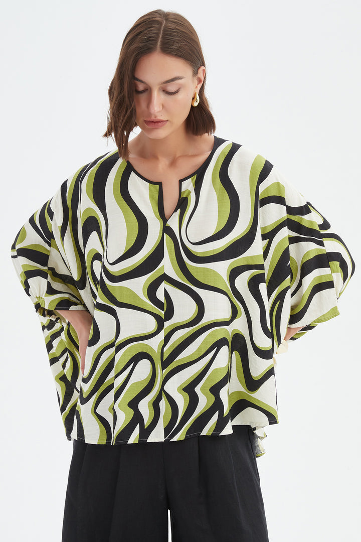 Tirelli 25A3729 Chartreuse Swirl Print Notch Neck Print Top