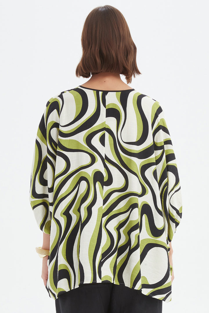 Tirelli 25A3729 Chartreuse Swirl Print Notch Neck Print Top