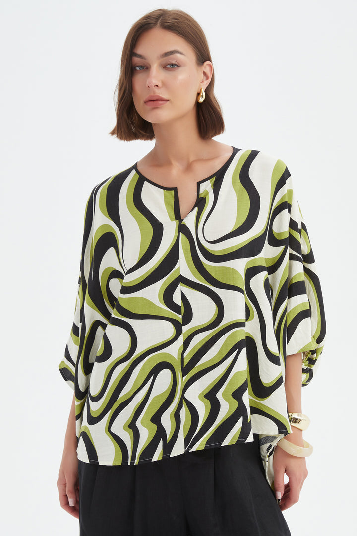 Tirelli 25A3729 Chartreuse Swirl Print Notch Neck Print Top