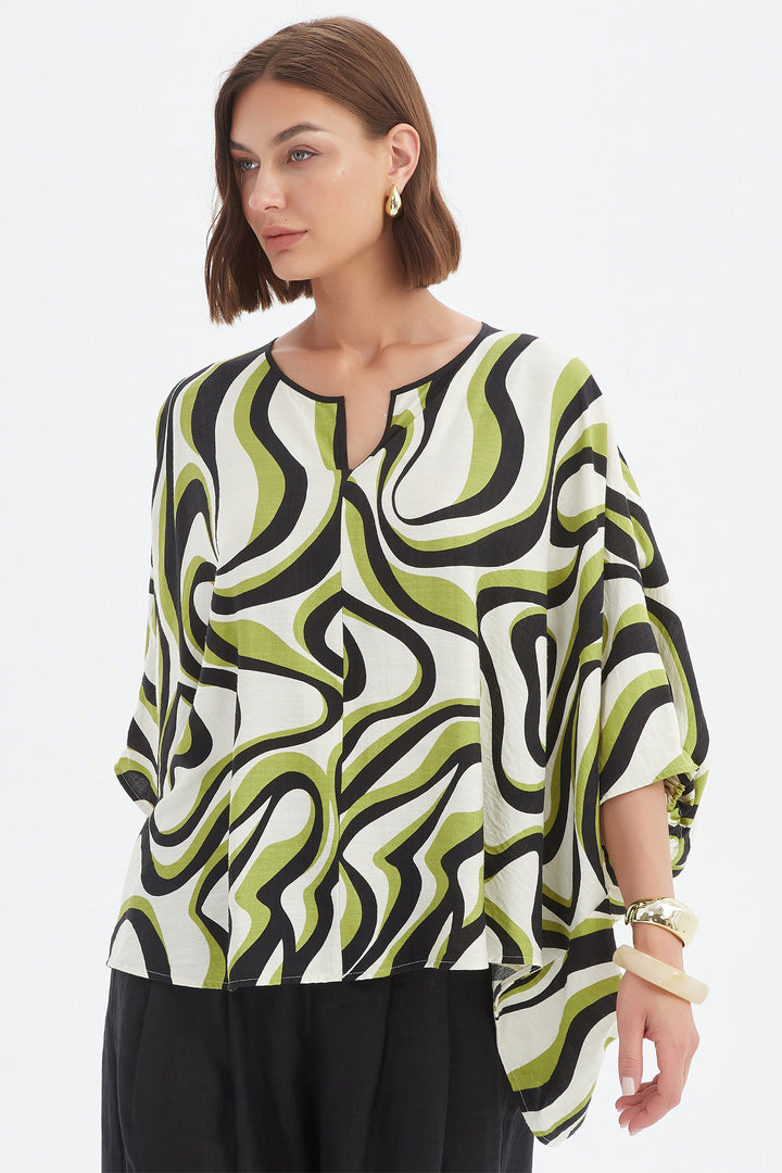 Tirelli 25A3729 Chartreuse Swirl Print Notch Neck Print Top