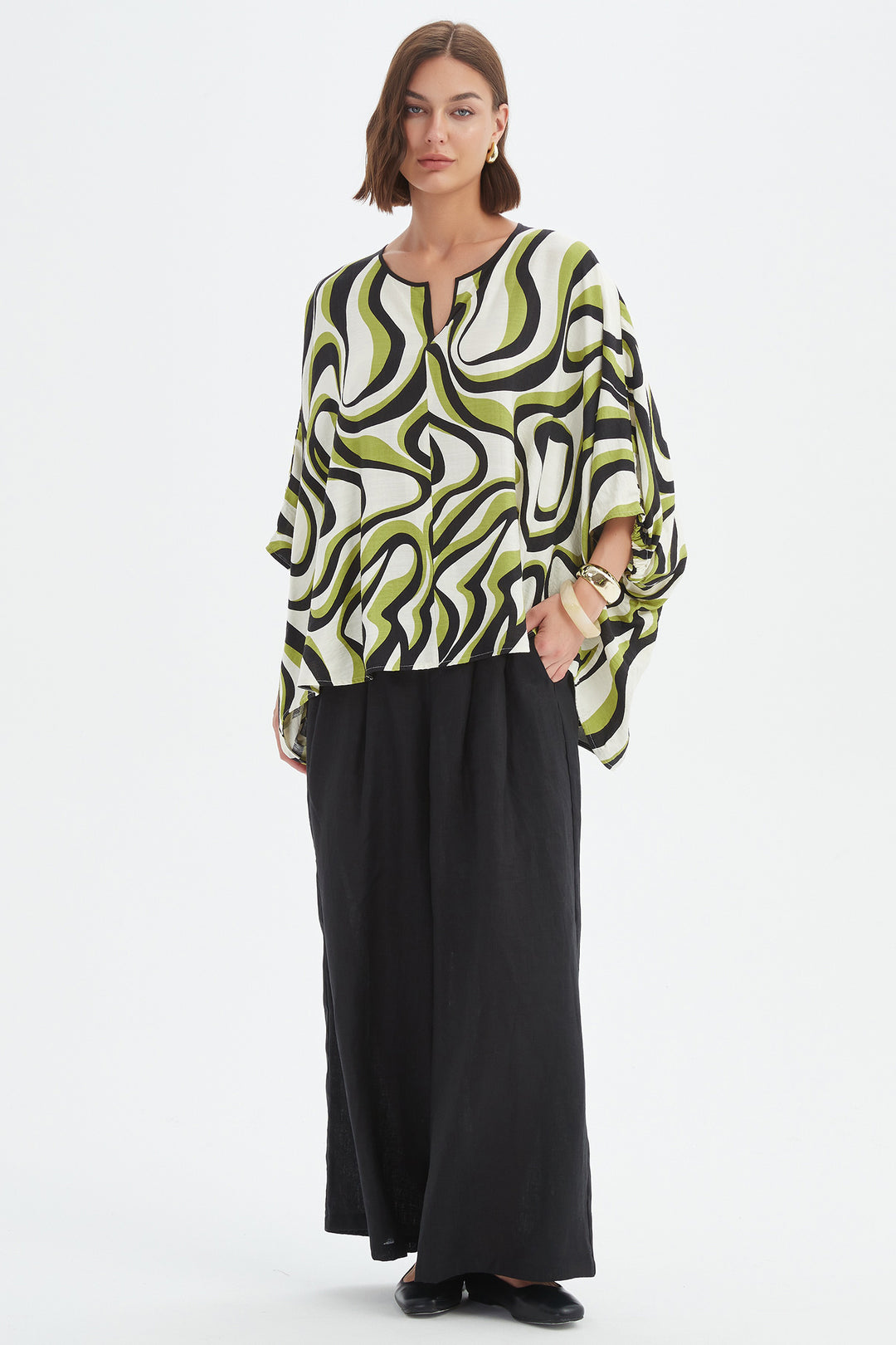 Tirelli 25A3729 Chartreuse Swirl Print Notch Neck Print Top