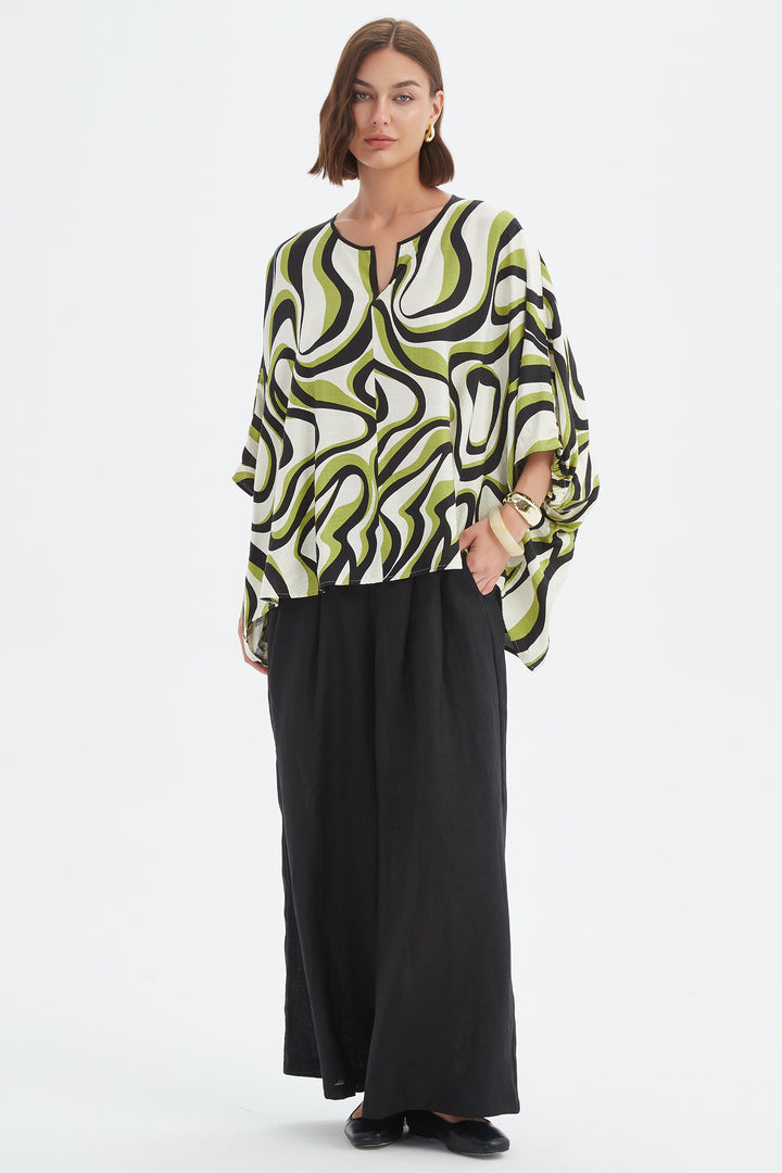 Tirelli 25A3729 Chartreuse Swirl Print Notch Neck Print Top