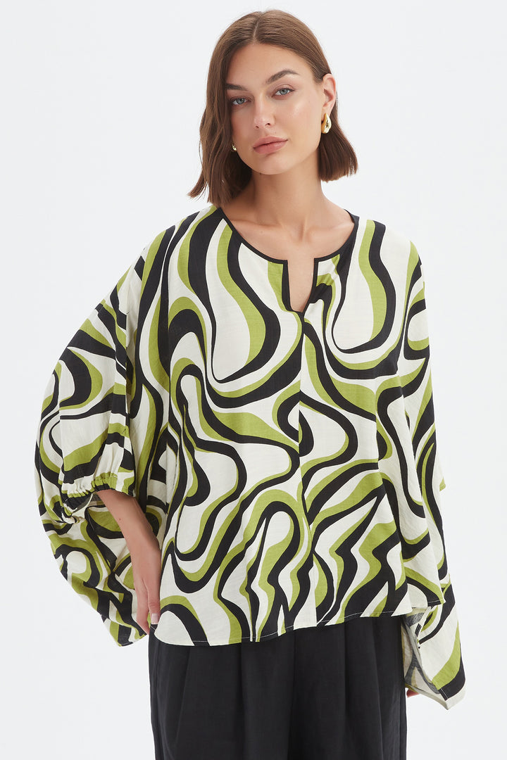 Tirelli 25A3729 Chartreuse Swirl Print Notch Neck Print Top