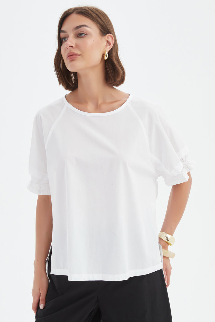Tirelli 25A3730 White Ruffle Sleeve Lyocell Top