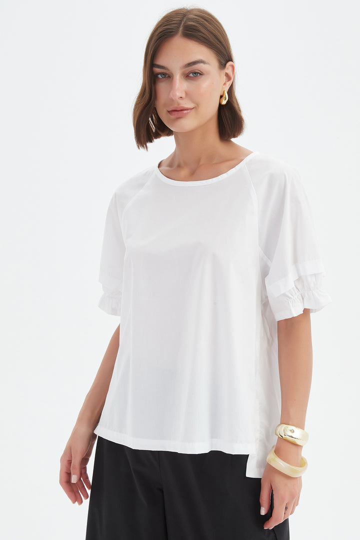 Tirelli 25A3730 White Ruffle Sleeve Lyocell Top