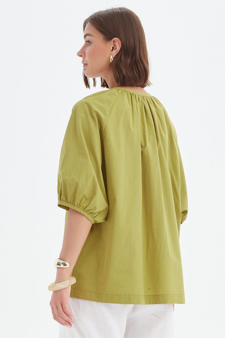 Tirelli 25A3731 Split Pea Green Gathered Notch Neck Top