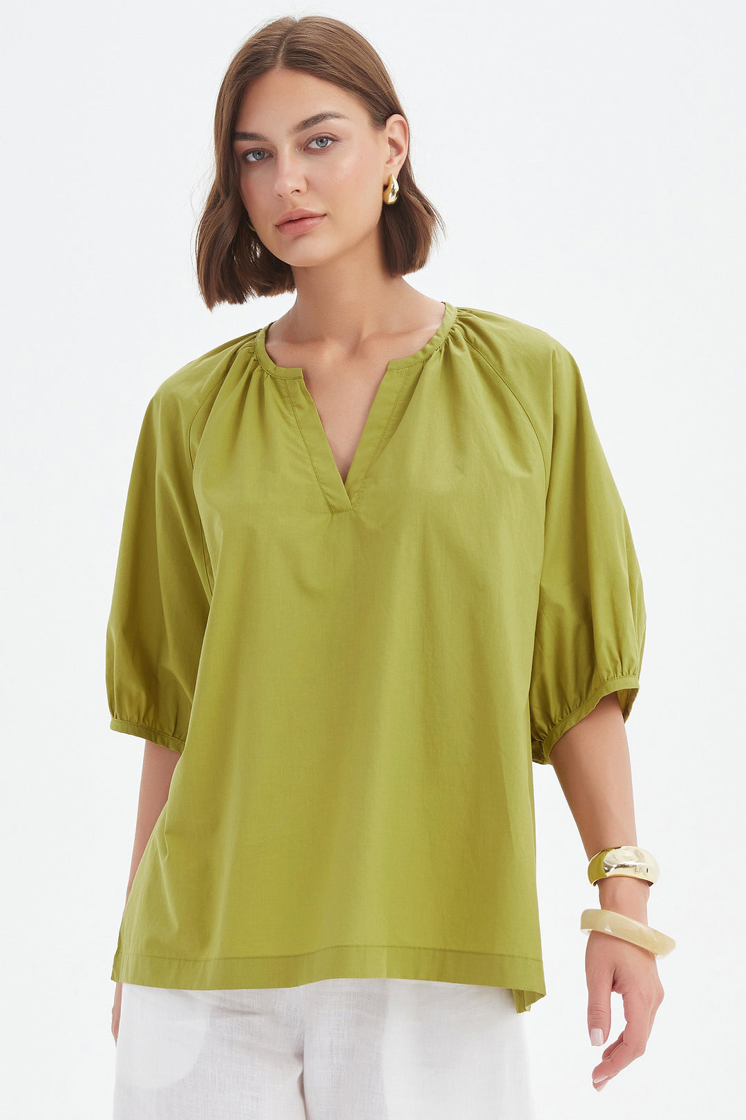 Tirelli 25A3731 Split Pea Green Gathered Notch Neck Top
