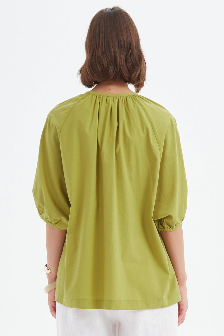 Tirelli 25A3731 Split Pea Green Gathered Notch Neck Top