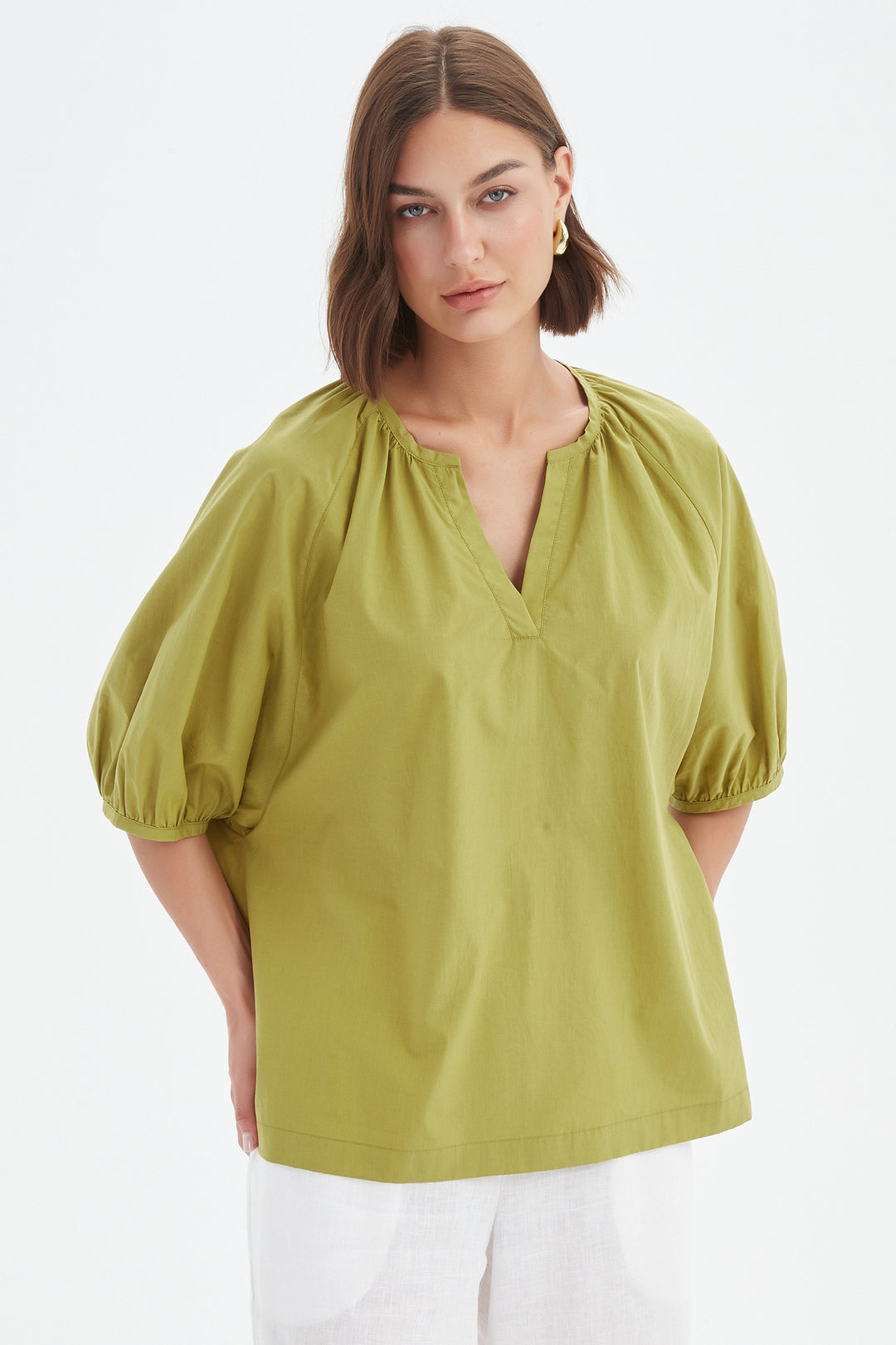 Tirelli 25A3731 Split Pea Green Gathered Notch Neck Top
