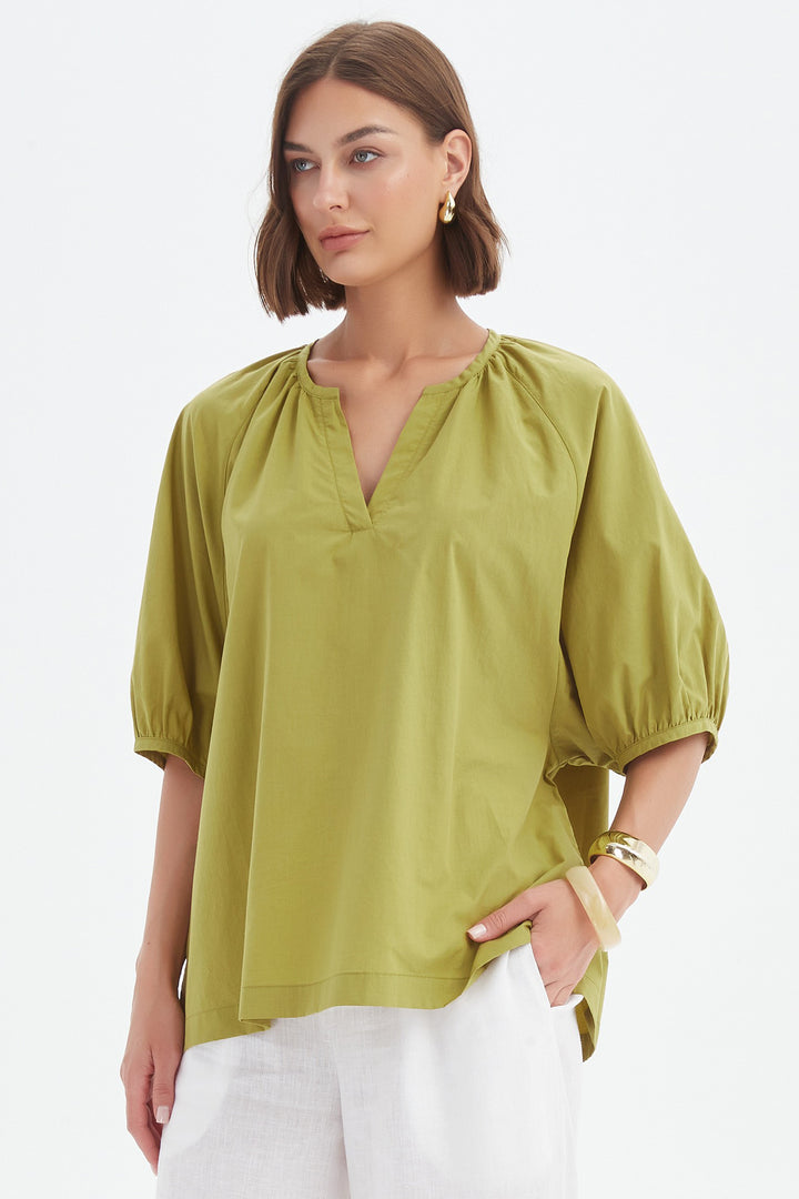 Tirelli 25A3731 Split Pea Green Gathered Notch Neck Top