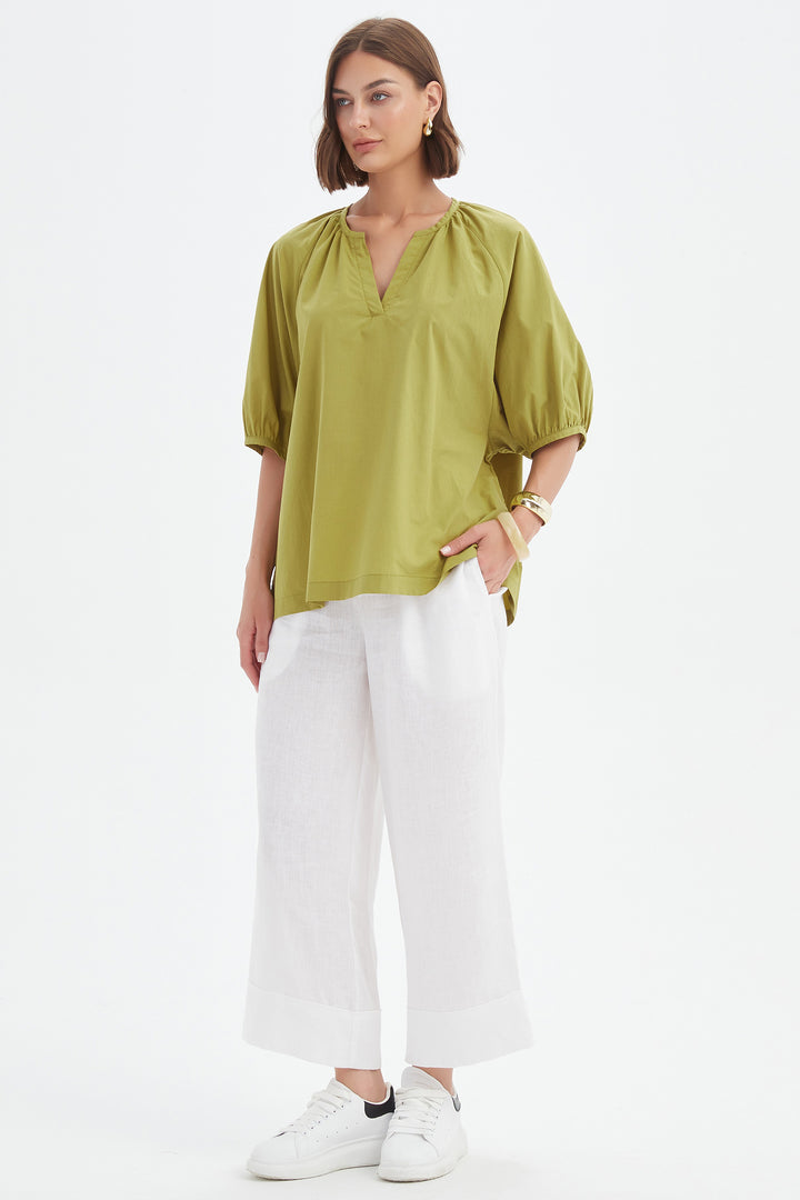 Tirelli 25A3731 Split Pea Green Gathered Notch Neck Top