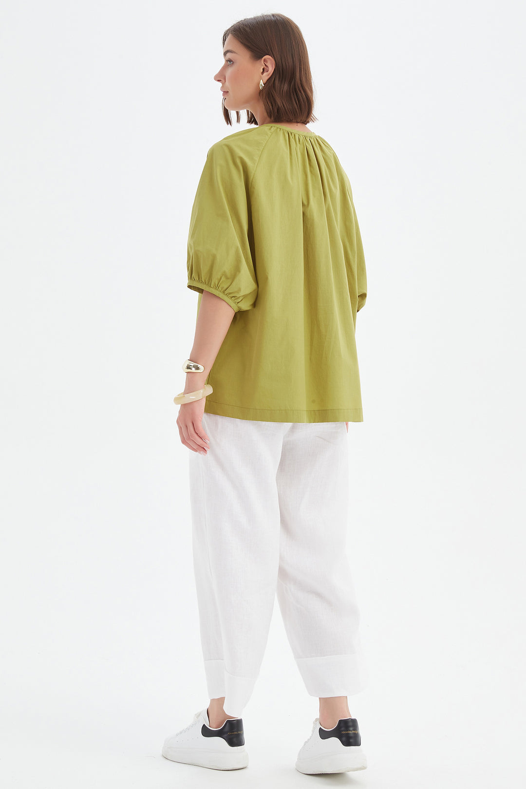 Tirelli 25A3731 Split Pea Green Gathered Notch Neck Top