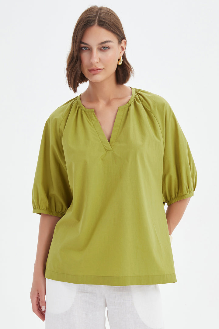 Tirelli 25A3731 Split Pea Green Gathered Notch Neck Top