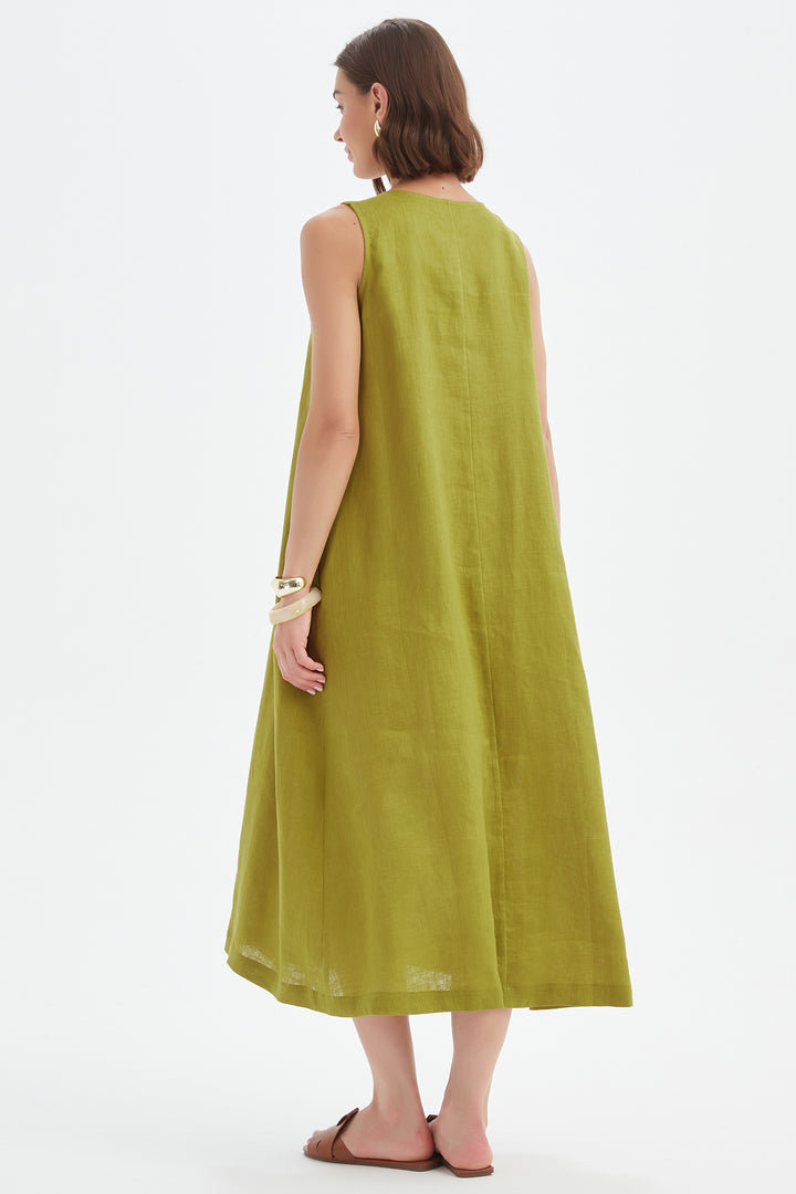 Tirelli 25D3717 French Chartreuse Green Inverted Pleat Linen Dress