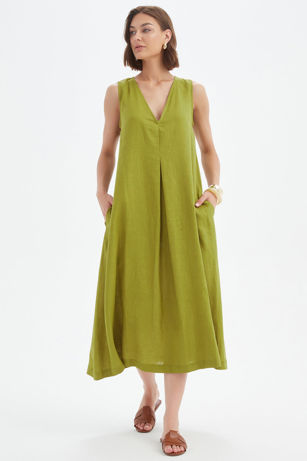 Tirelli 25D3717 French Chartreuse Green Inverted Pleat Linen Dress