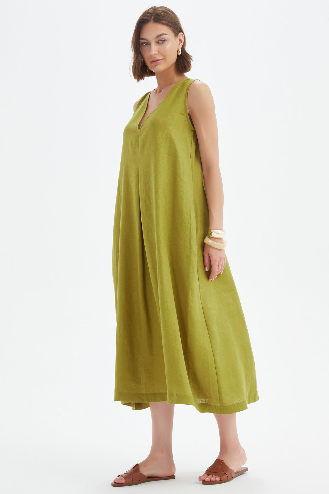 Tirelli 25D3717 French Chartreuse Green Inverted Pleat Linen Dress