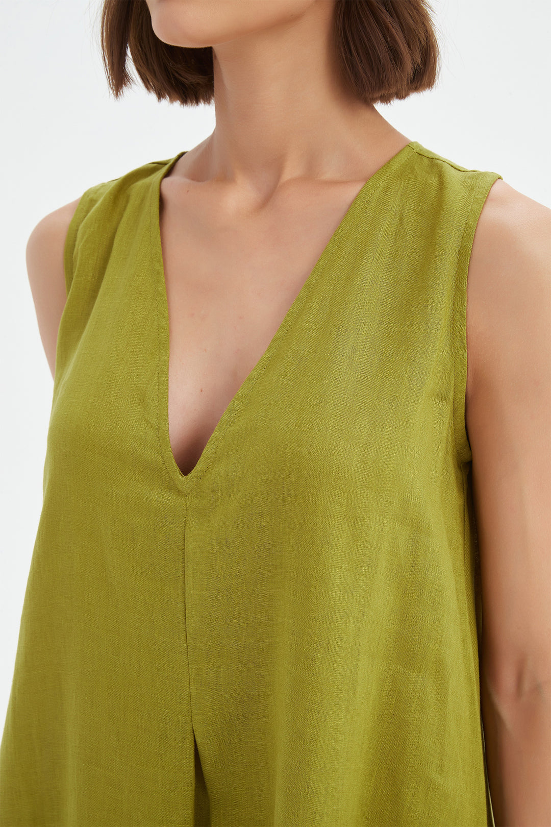 Tirelli 25D3717 French Chartreuse Green Inverted Pleat Linen Dress