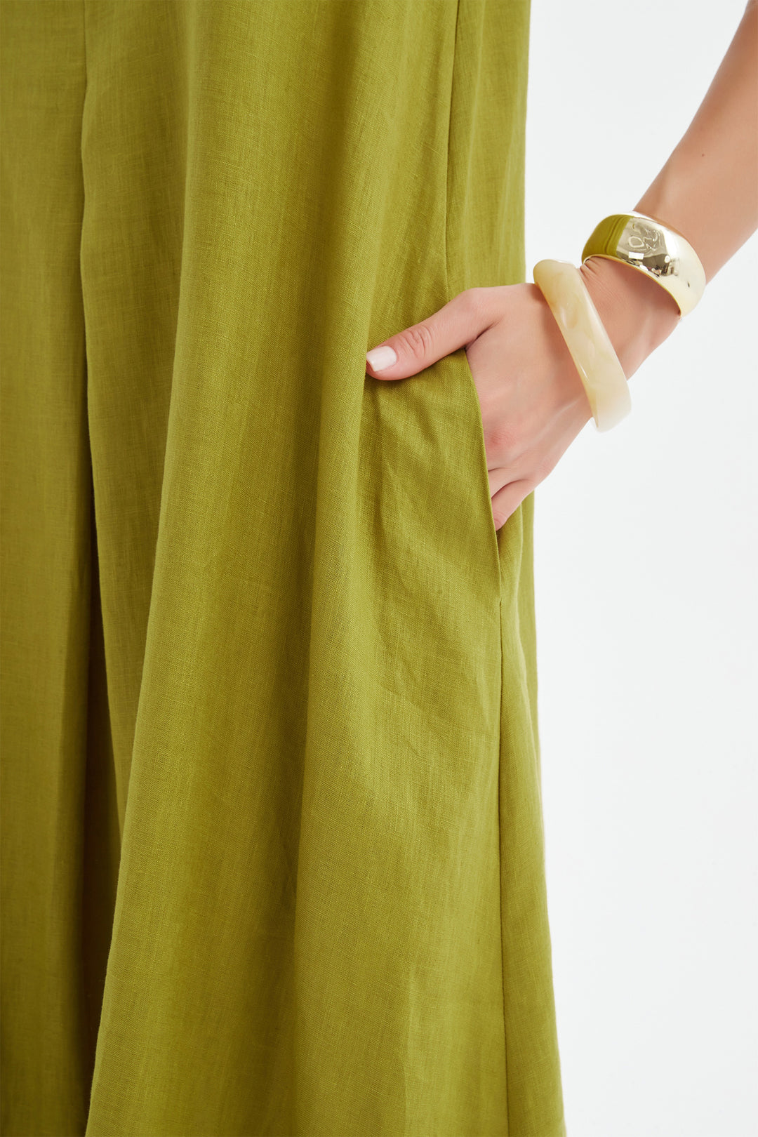 Tirelli 25D3717 French Chartreuse Green Inverted Pleat Linen Dress