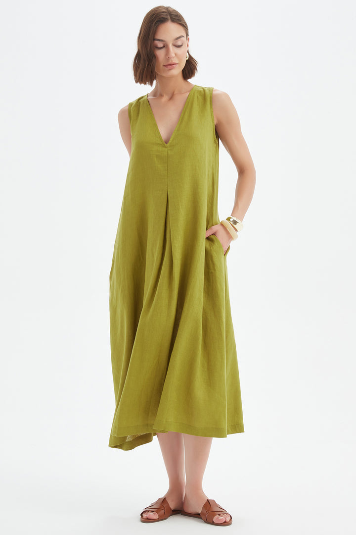 Tirelli 25D3717 French Chartreuse Green Inverted Pleat Linen Dress
